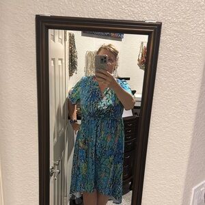 Green and Blue Sequin Resort Sundress with V-Neck